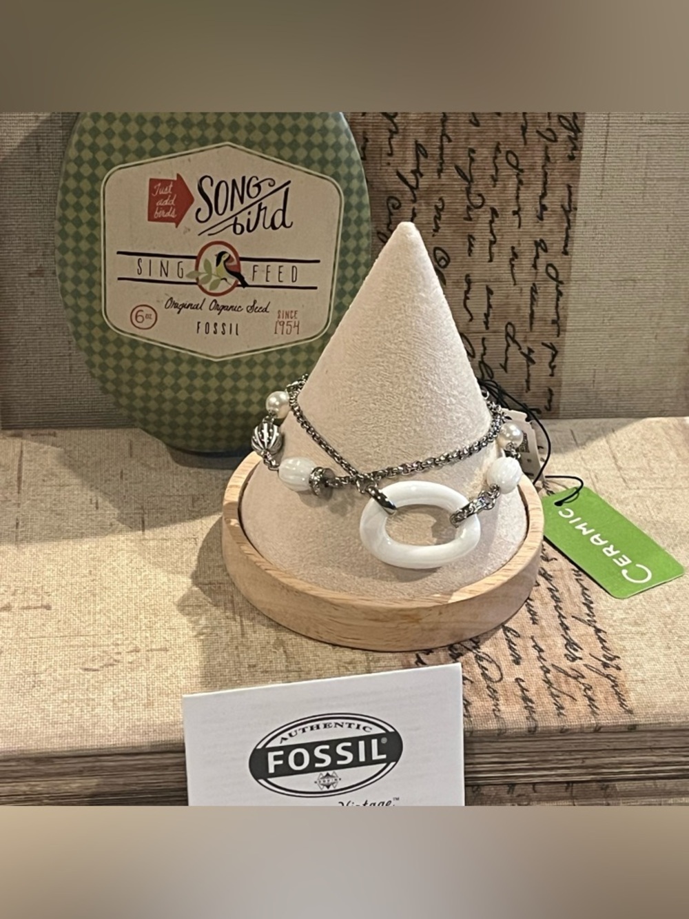 Fossil Silver-Tone White Ceramic Beads,Ceramic Pearls Double Chain Bracelet NWT